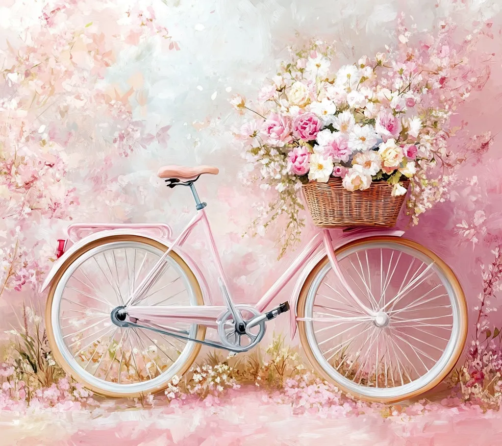 A pastel pink bicycle, adorned with a wicker basket overflowing with a vibrant bouquet of pink, white, and yellow flowers, sits amidst a blossoming pink garden. The scene is painted in a soft, romantic style, creating a whimsical and idyllic atmosphere.  The bicycle's delicate frame and large wheels add to the charming aesthetic of the artwork.