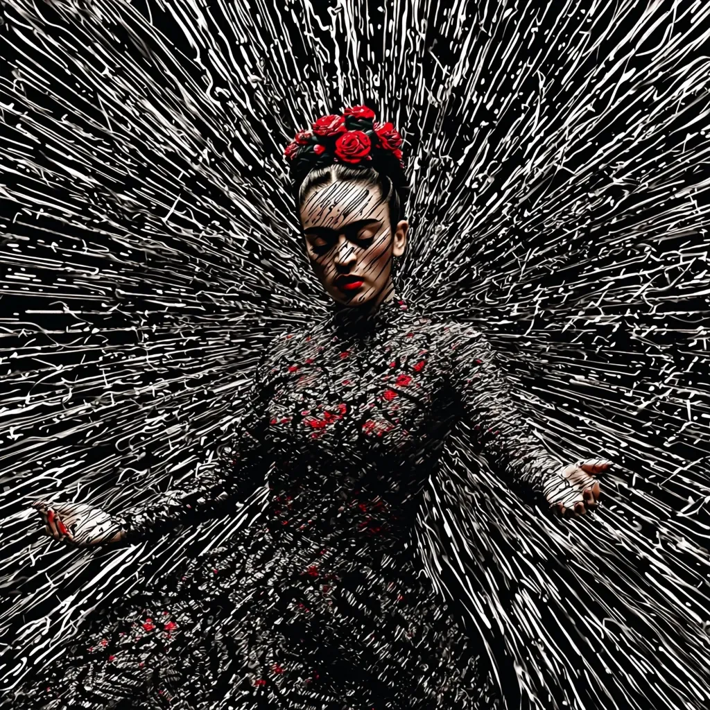 A stylized portrait of a woman, reminiscent of Frida Kahlo, is presented against a dramatic backdrop of exploding lines and shards.  She wears a black dress adorned with red floral patterns and a matching floral headdress. Her eyes are closed, and her pose suggests serenity amidst the chaotic background. The image blends realism with abstract expressionism, creating a visually arresting contrast.