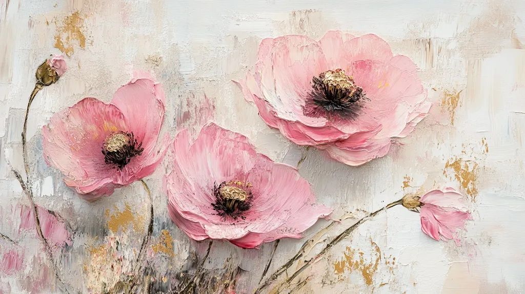 A painting showcases three blush pink poppies in thick, impasto style.  The flowers are rendered with visible brushstrokes, creating texture and depth.  Subtle gold accents and a textured off-white background complement the delicate pink hues, adding a touch of elegance to the floral artwork.  Buds and stems complete the composition.