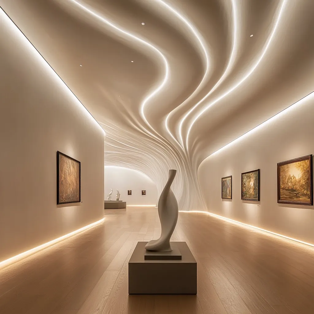 A modern art gallery features a flowing, sculpted ceiling with integrated lighting.  The walls are minimalist, showcasing artwork and a central, abstract white sculpture. Warm-toned hardwood floors and subtle indirect lighting create a serene and sophisticated atmosphere.  The design emphasizes clean lines and organic curves, resulting in a visually stunning and calming space.