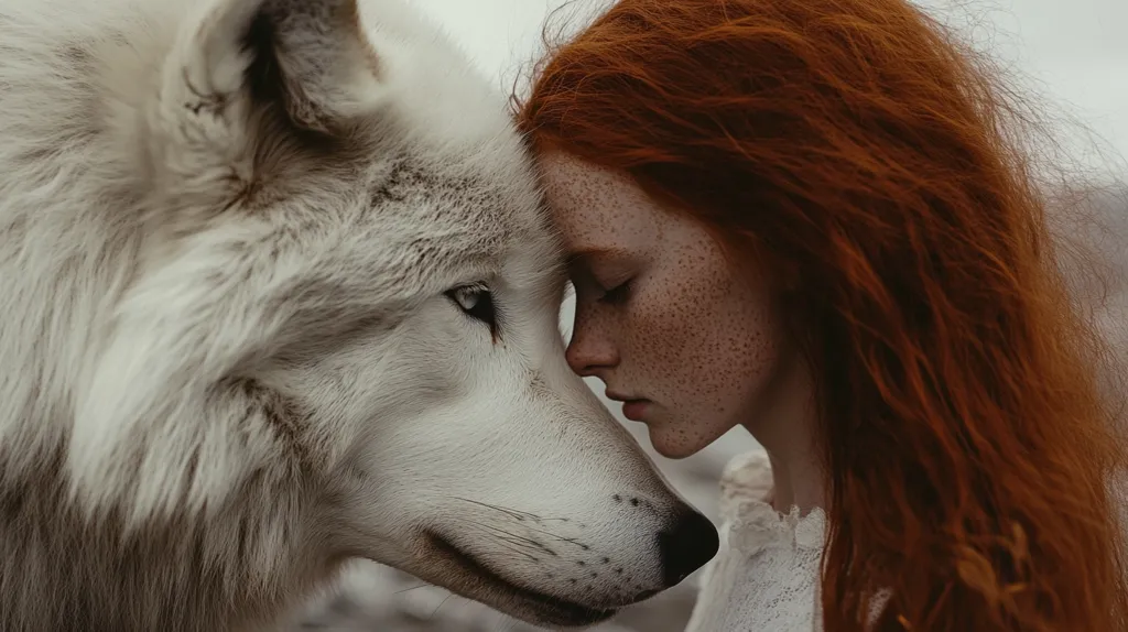 A close-up shot depicts a young woman with vibrant red hair and freckles gently pressing her forehead against a large, white wolf.  Their eyes are closed, suggesting a moment of peaceful connection.  The wolf's fur is thick and soft, contrasting with the woman's flowing hair. The overall mood is serene and mystical.