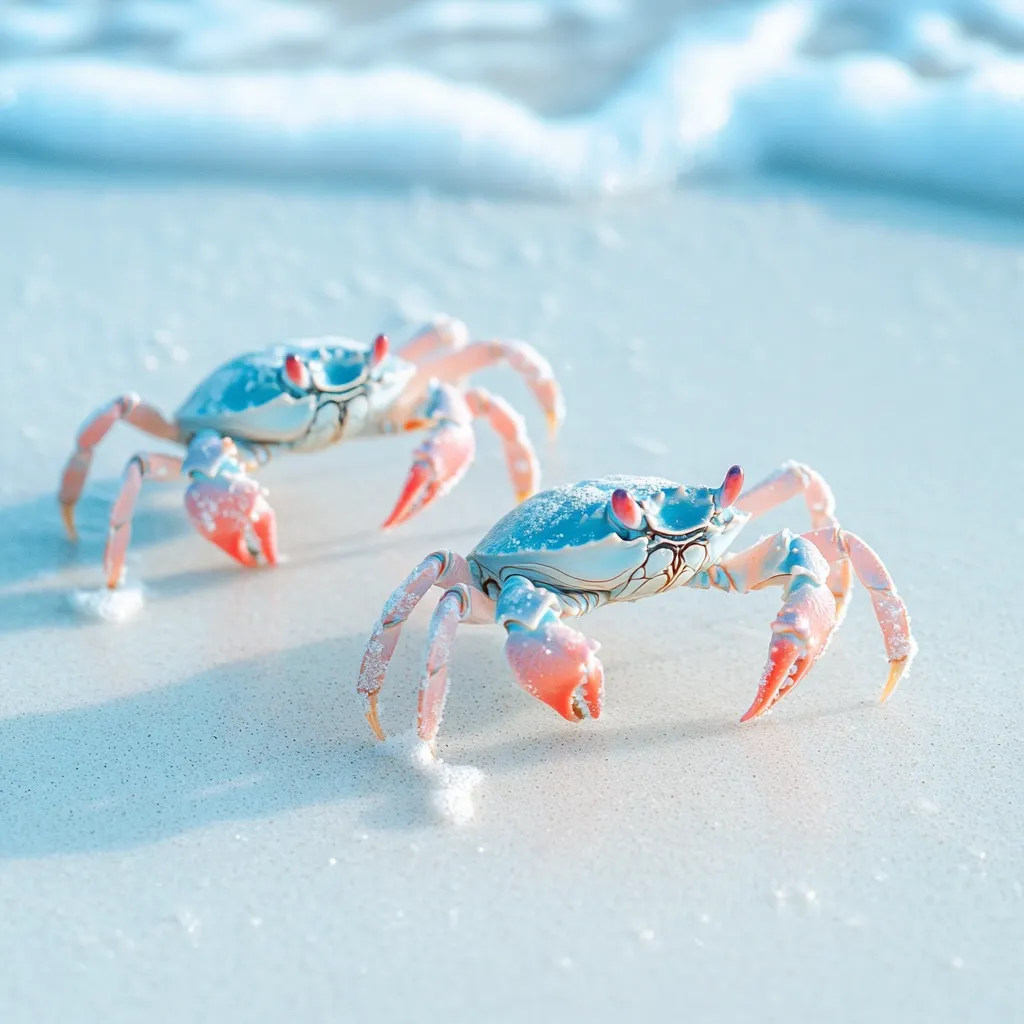 Two vibrant blue crabs with coral-pink legs scurry across a pristine white sandy beach.  Soft ocean waves gently lap the shore in the background, creating a tranquil, idyllic coastal scene. The crabs are sharply in focus against the blurred, dreamy backdrop.  The image evokes a sense of peace and the beauty of the ocean.