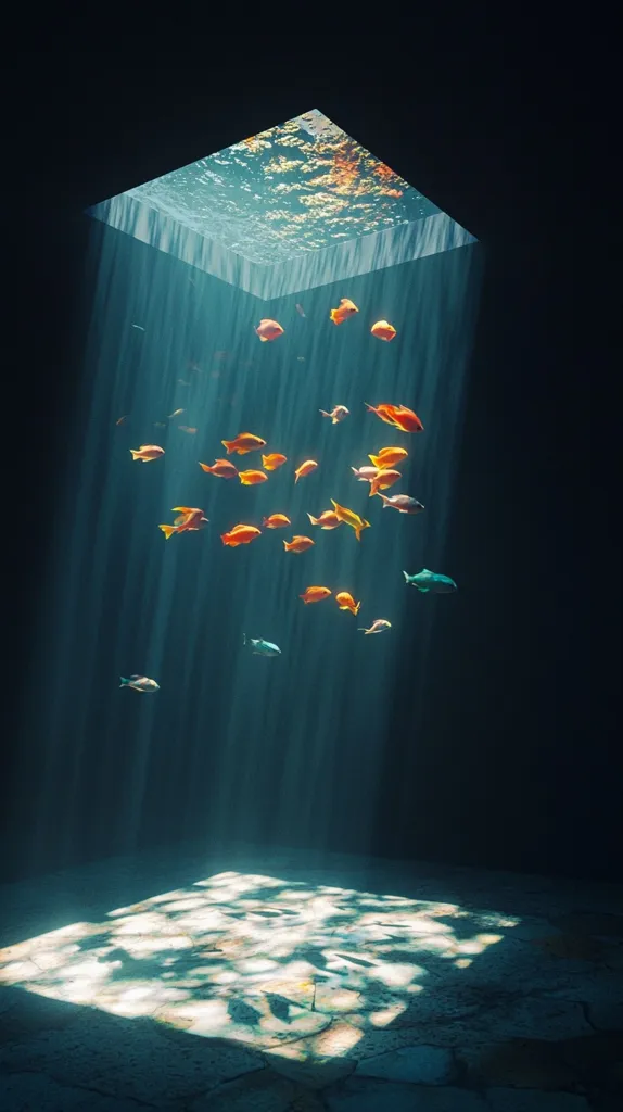 A square opening in a dark ceiling reveals a scene beneath the water's surface.  Sunlight streams through the opening, illuminating a school of orange fish swimming in the deep. The light creates a contrasting pattern on the dark floor below, highlighting the mysterious underwater scene. The overall image evokes a sense of serenity and hidden beauty.