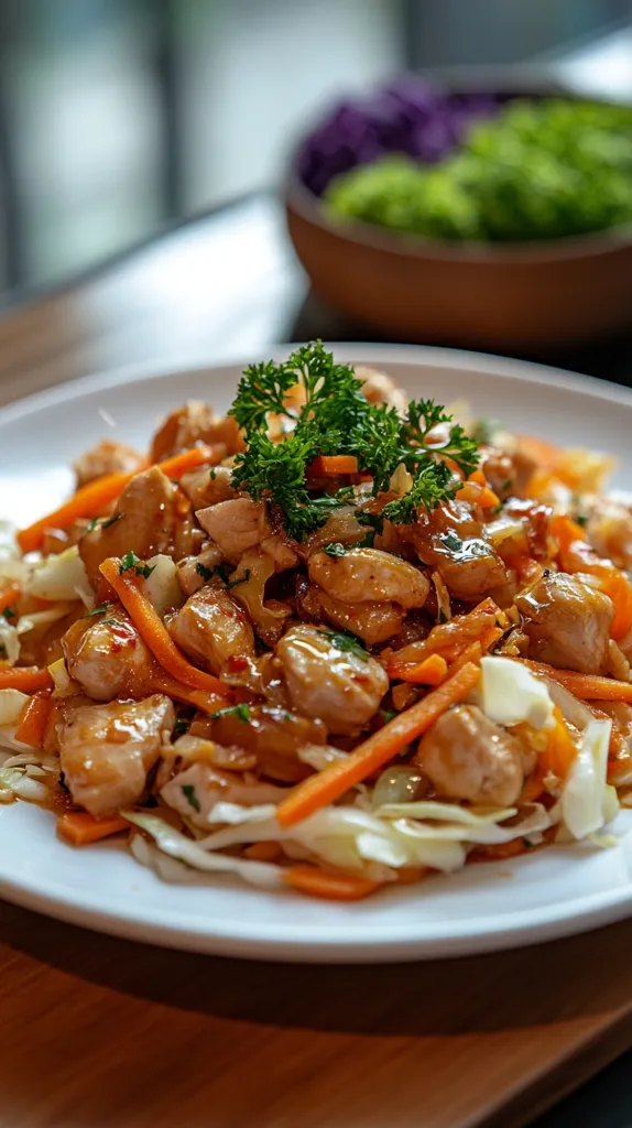 A plate of delicious chicken stir-fry sits on a wooden table.  The stir-fry features tender chicken pieces in a savory sauce, with vibrant orange carrots and shredded cabbage.  Fresh parsley garnishes the dish.  A blurred background shows a bowl of salad, suggesting a healthy and flavorful meal. The lighting emphasizes the appetizing colors and textures of the food.