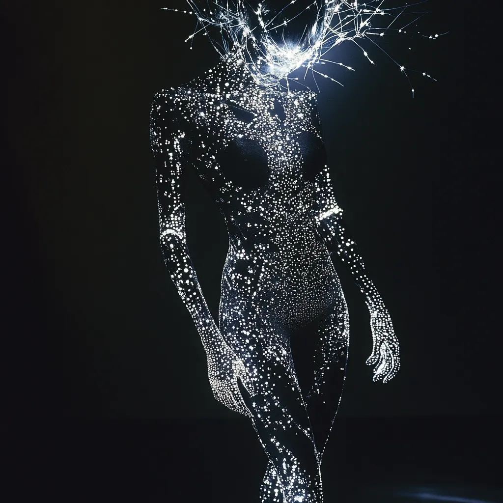 A stylized female figure is depicted, appearing as a constellation of luminous points against a stark black background.  The figure's form is suggested by the dense clustering of light, which also extends into a radiant crown-like structure above the head. The overall effect is ethereal and otherworldly, evoking a sense of both fragility and power.  The image is highly abstract, focusing on light and form rather than realistic detail.