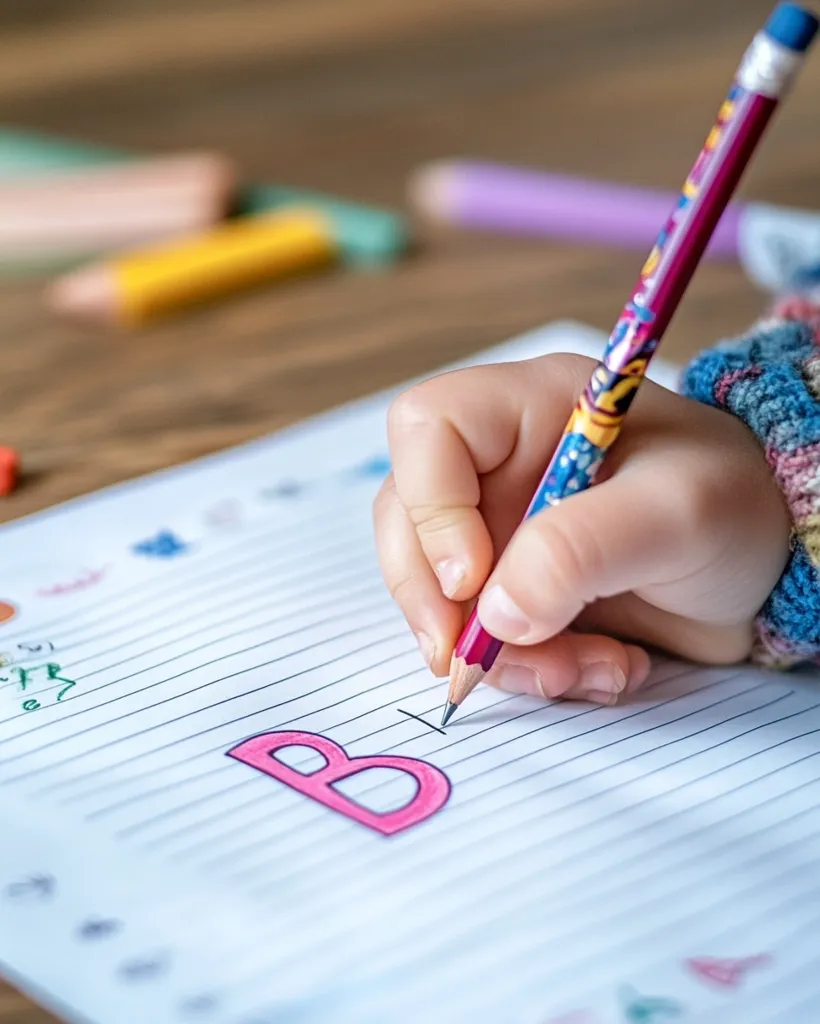 A child's hand carefully traces the letter 'B' on lined paper with a colorful pencil.  Other colored pencils are blurred in the background, suggesting a learning or drawing activity. The focus is on the small hand and the precise movement of writing, capturing a moment of early literacy development.  The image conveys a sense of childhood learning and concentration.