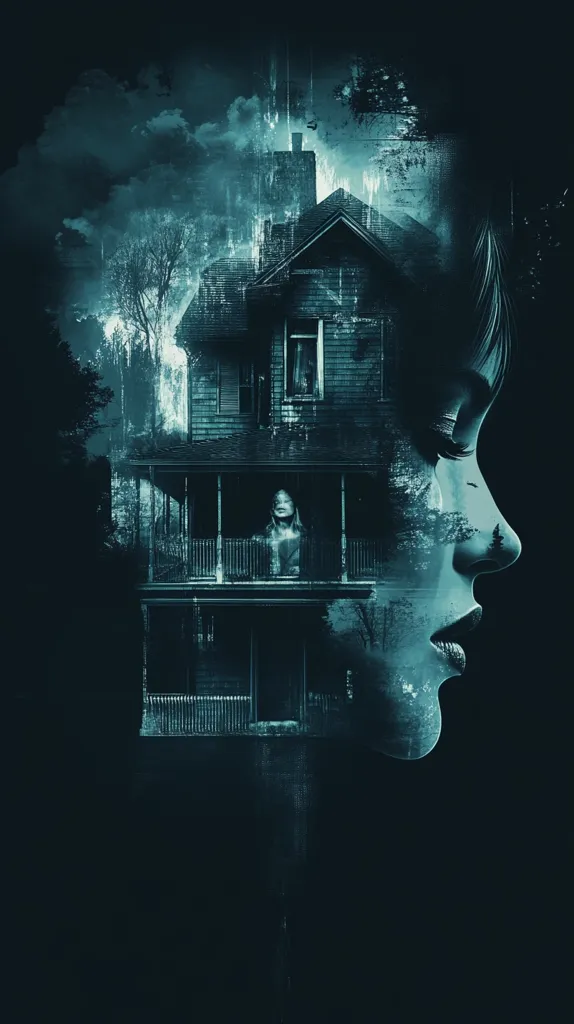 A haunting image merges a woman's profile with a dilapidated, dark house. The house, seemingly abandoned, is shrouded in mist and trees, creating a sinister atmosphere.  The woman's face is partially obscured, mirroring the aged and mysterious nature of the building. The overall effect is a chilling blend of human emotion and haunted architecture, suggesting a story of past trauma or supernatural presence.