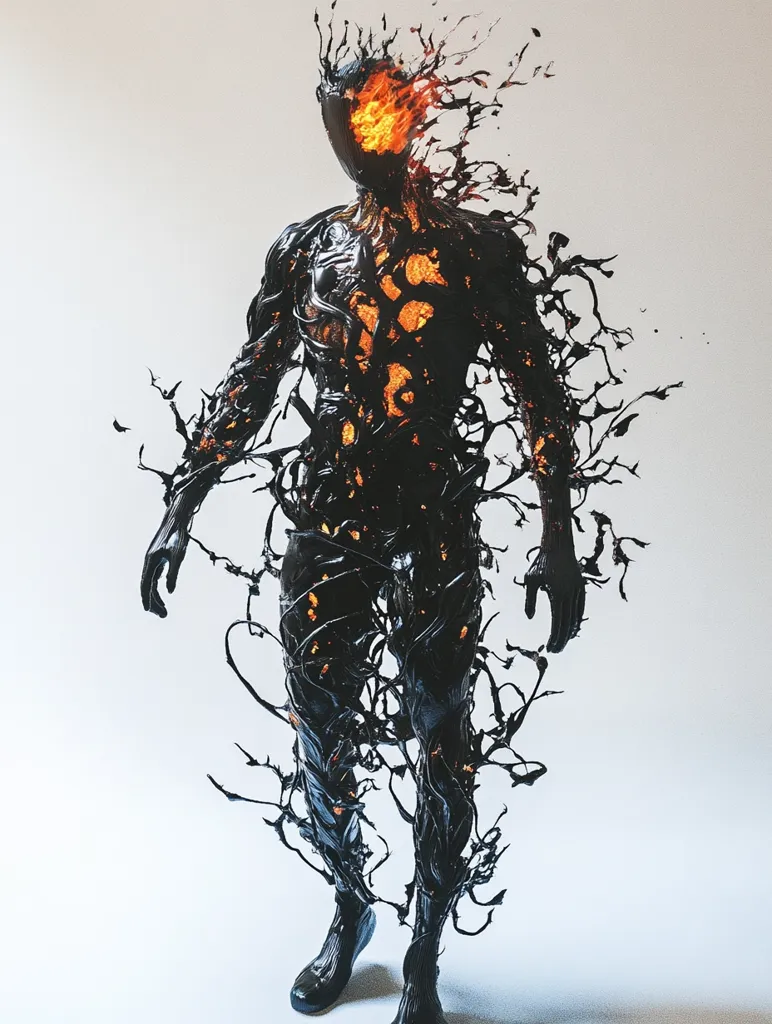 A digital rendering depicts a humanoid figure seemingly composed of dark, viscous liquid, with fiery orange embers glowing from within its form.  The figure's body is enveloped in tendrils that extend outwards, creating a dramatic, almost ethereal effect against a plain white background.  The overall impression is one of otherworldly power and unsettling beauty.