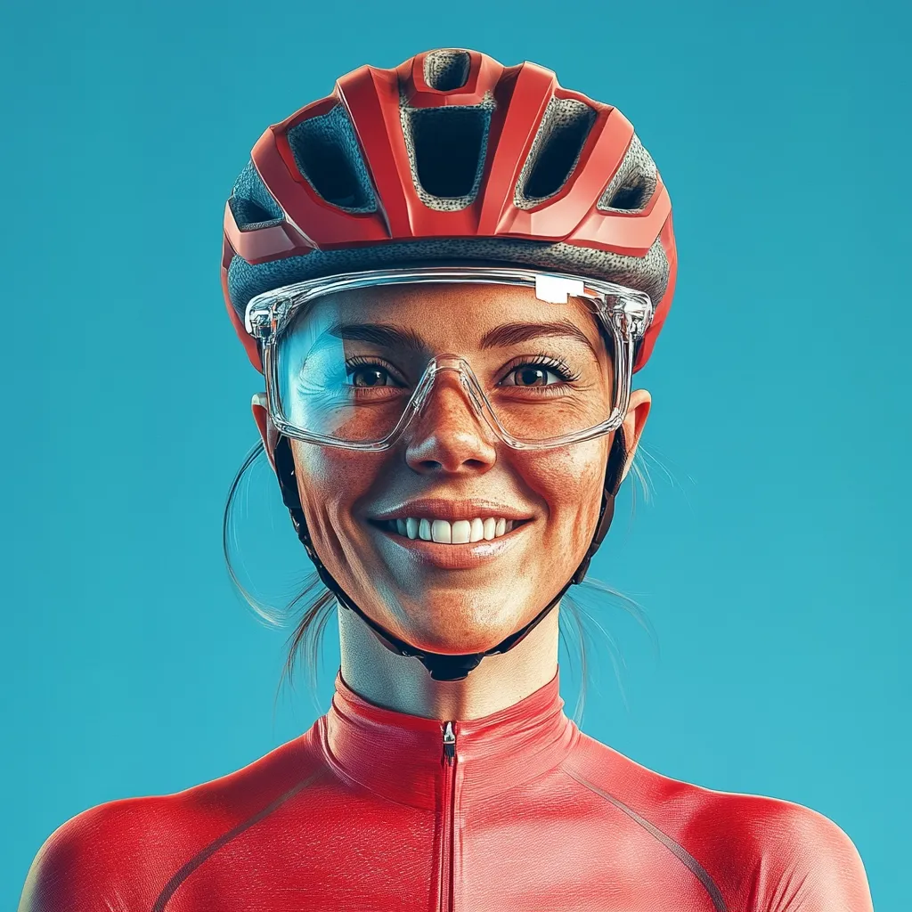 A close-up portrait of a smiling female cyclist.  She wears a red cycling helmet, clear protective glasses, and a vibrant red cycling jersey. The background is a solid, bright teal. Her expression is cheerful and confident, conveying a sense of athleticism and energy. The image is digitally rendered, showcasing realistic details in the texture of her skin and clothing.