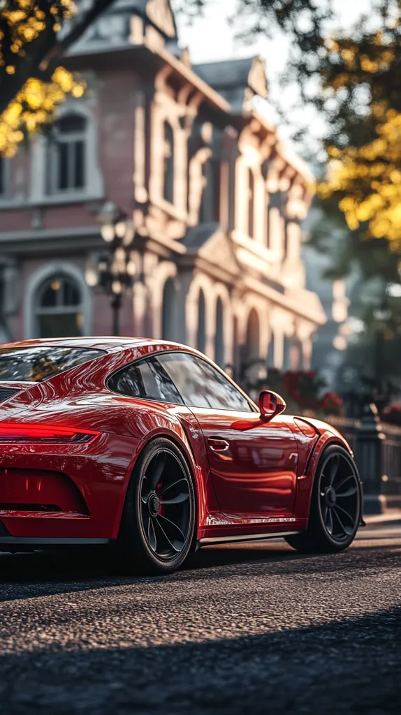 A vibrant red Porsche 911 GT3 is parked on a sun-drenched street, its sleek lines and powerful stance highlighted by the warm light.  The background features a classic European-style building, partially obscured by foliage. The image emphasizes the car's sporty design and luxurious details, creating a sense of speed and elegance.  The overall mood is one of sophisticated luxury and dynamic performance.