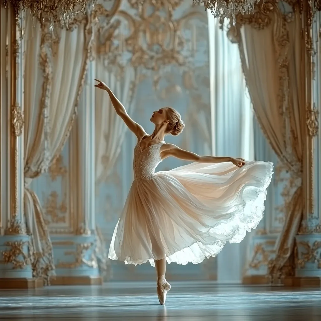 A ballerina in a flowing, light beige tutu gracefully poses in a grand ballroom.  The ornate, pastel-blue and gold interior enhances the ethereal quality of the image.  Sunlight streams through the tall windows, illuminating the dancer's delicate form as she balances on pointe.  Her elegant posture and the opulent setting create a scene of timeless beauty and grace.