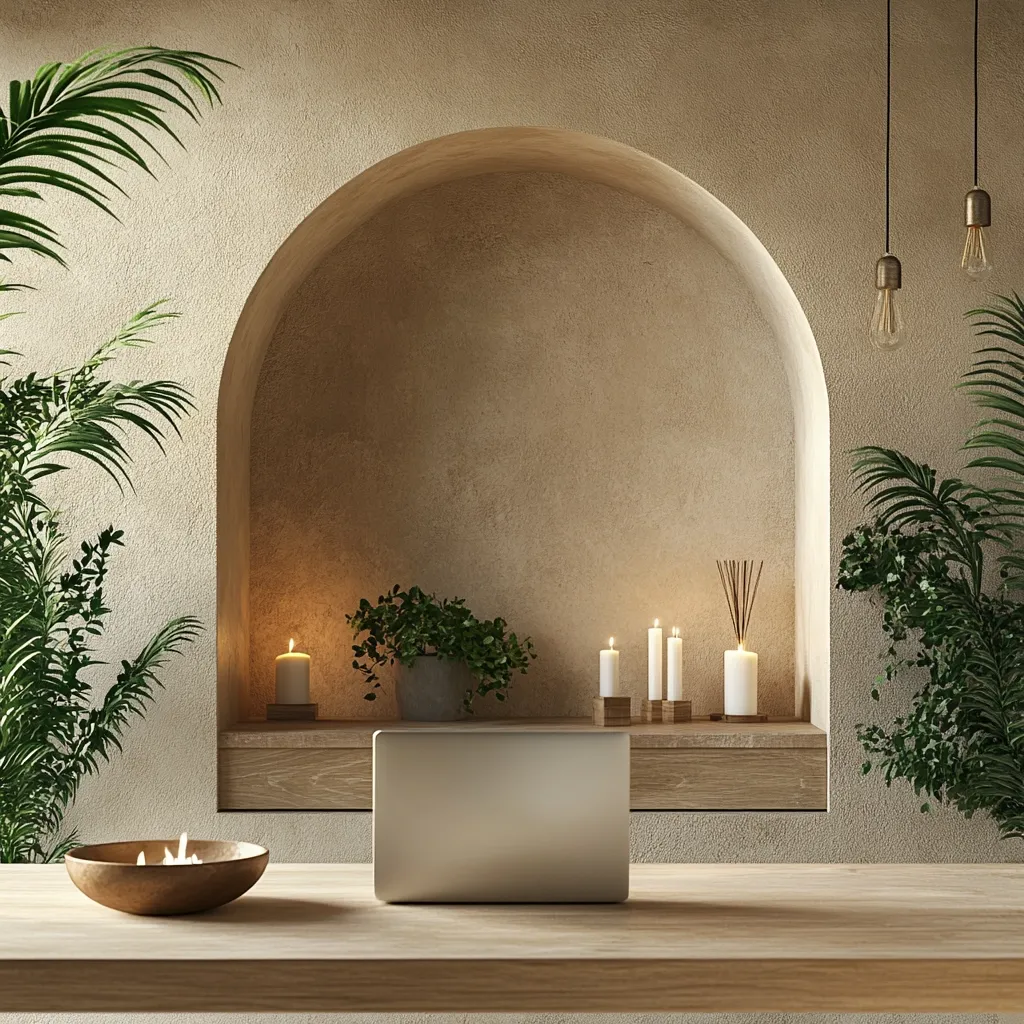A tranquil workspace features a laptop positioned on a light wood desk.  Behind it, an arched alcove in a beige wall holds lit candles, a diffuser, and potted plants, creating a serene atmosphere.  Hanging pendant lights and lush greenery flanking the alcove complete the calming, minimalist design.  The overall aesthetic is warm and inviting.