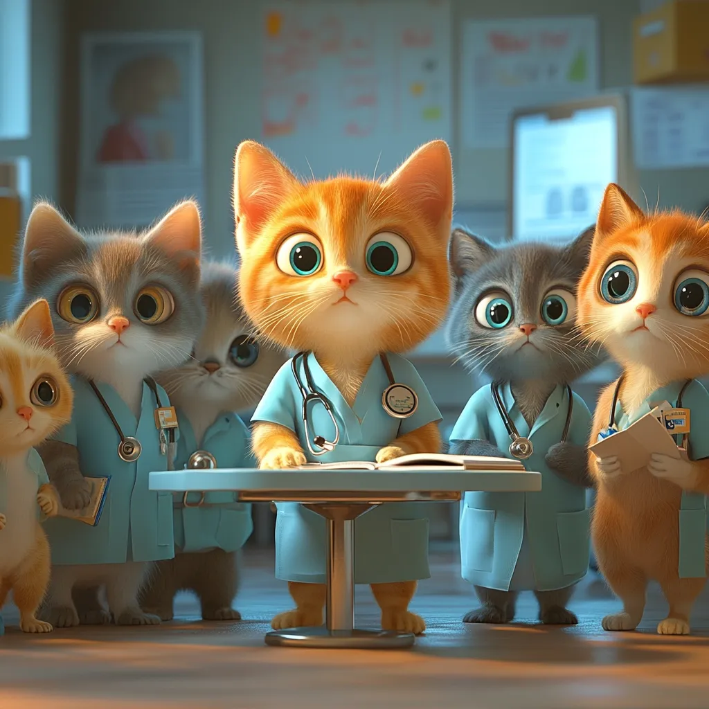 A group of adorable cartoon kittens, dressed in light blue doctor's scrubs and wearing stethoscopes, are gathered around a small table in a veterinary clinic.  The central orange kitten appears to be examining a book or chart.  The other kittens, in various shades of grey and orange, observe attentively. The scene is brightly lit and cheerful.