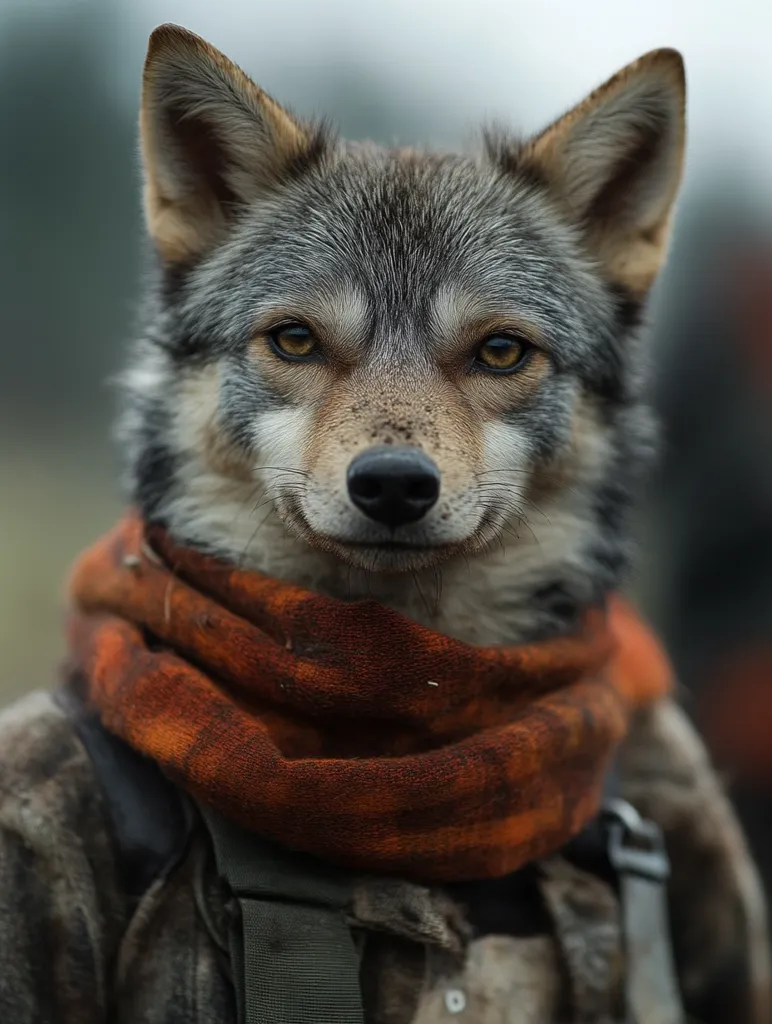 A gray wolf, its intense amber eyes captivating, is the focal point.  The wolf dons a warm, burnt orange scarf, adding a touch of unexpected contrast to its wild appearance.  The backdrop is blurred, emphasizing the wolf's striking gaze and the texture of its fur and the scarf. The overall impression is one of wild beauty and unexpected gentleness.