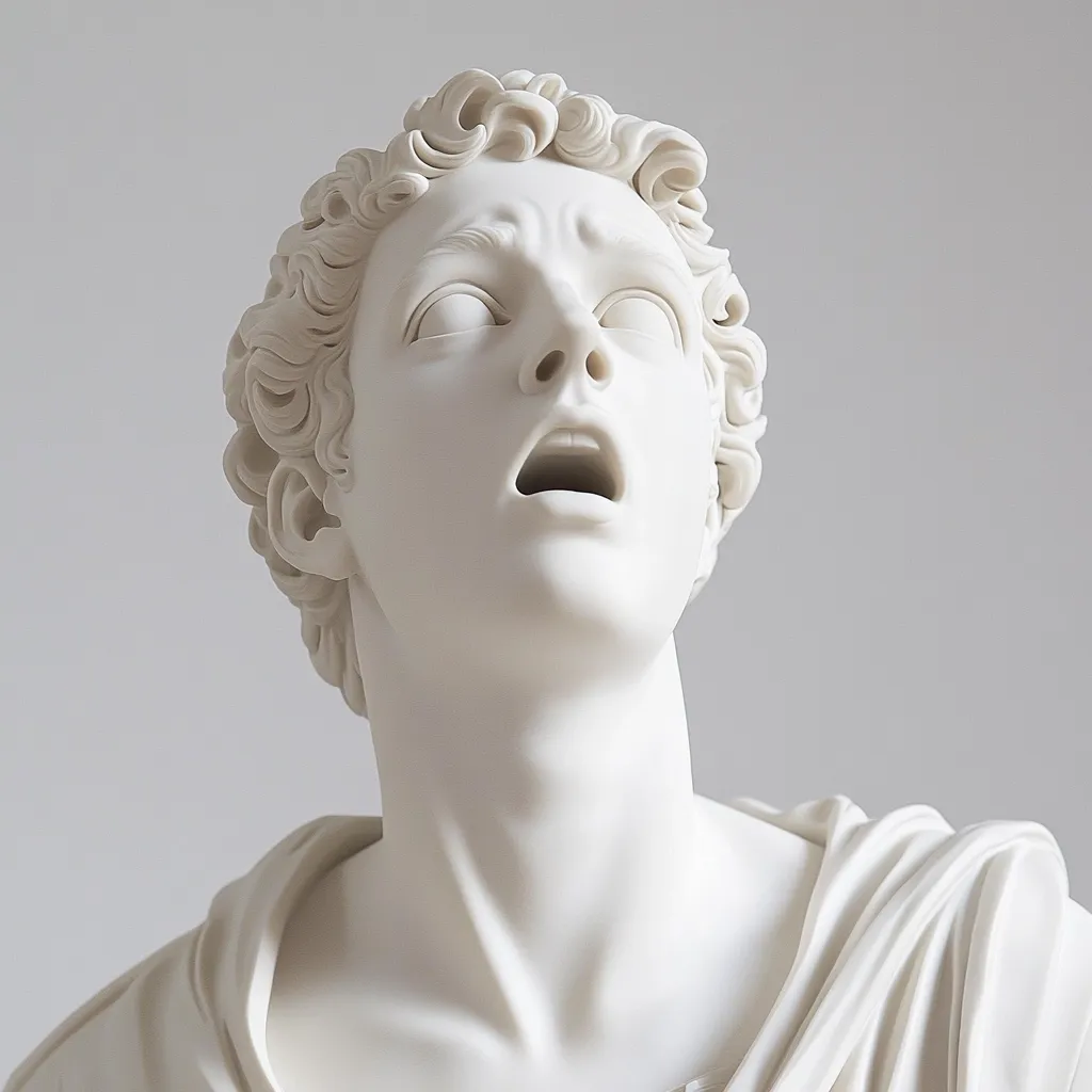 A close-up view of a classical-style bust sculpted from white marble.  The subject is a young man with curly hair, his mouth open in a cry or scream, eyes wide with a look of intense emotion. The detail of the facial features and the drape of the garment are highly realistic, conveying a sense of drama and vulnerability.  The background is a plain, neutral color, emphasizing the sculpture's form.