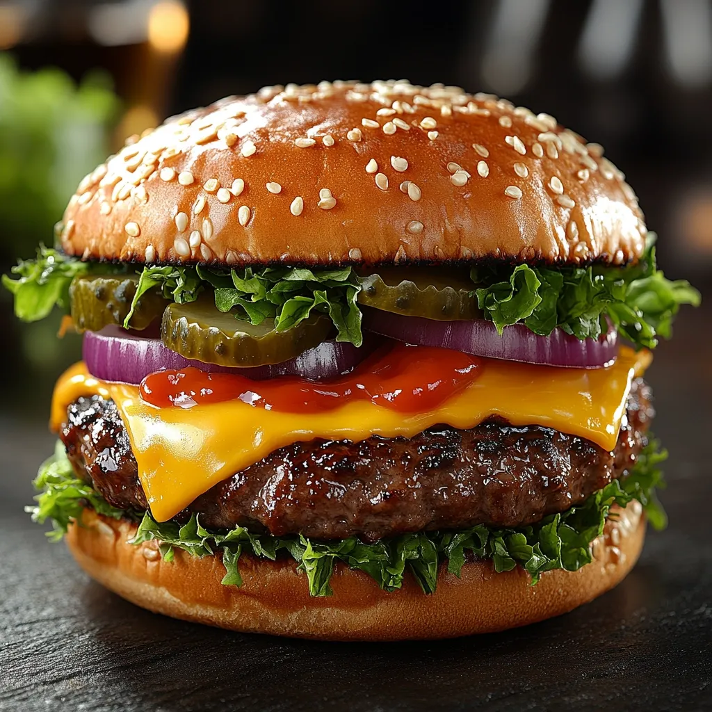 A juicy cheeseburger is the star of this close-up shot.  The sesame seed bun cradles a perfectly cooked patty, melted cheddar cheese, crisp lettuce, red onion slices, and dill pickle slices. A generous helping of ketchup adds a vibrant touch. The image emphasizes the burger's texture and appetizing ingredients, creating a mouthwatering visual.