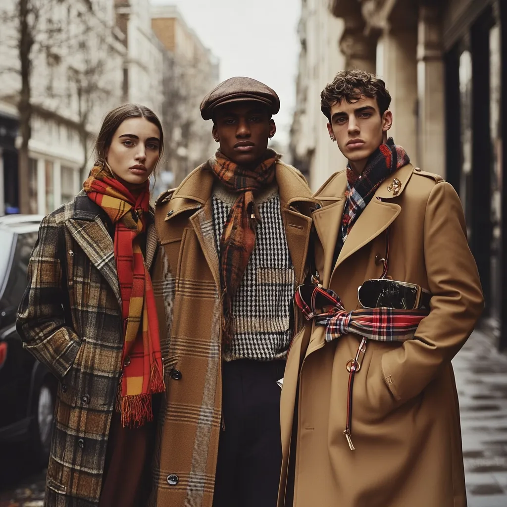 Three fashionably dressed individuals stand on a city street. A woman in a plaid coat and scarf stands between two men. One man wears a brown newsboy cap and a tan coat with a patterned scarf. The other man sports a tan overcoat, a plaid scarf, and sunglasses around his waist. Their attire suggests a stylish, autumnal look.