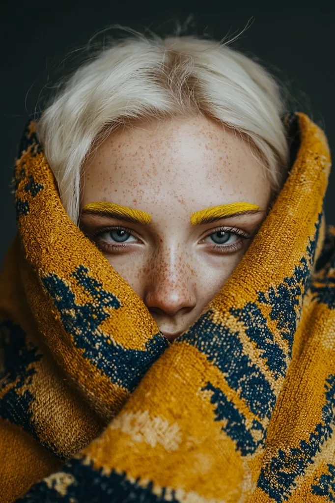 Close-up portrait of a young woman with blonde hair and freckles.  Her eyebrows are painted bright yellow. She's partially obscured by a mustard-yellow and navy patterned sweater, her face partially hidden behind the fabric's folds. The image has a moody, atmospheric quality, focusing on texture and color contrast.