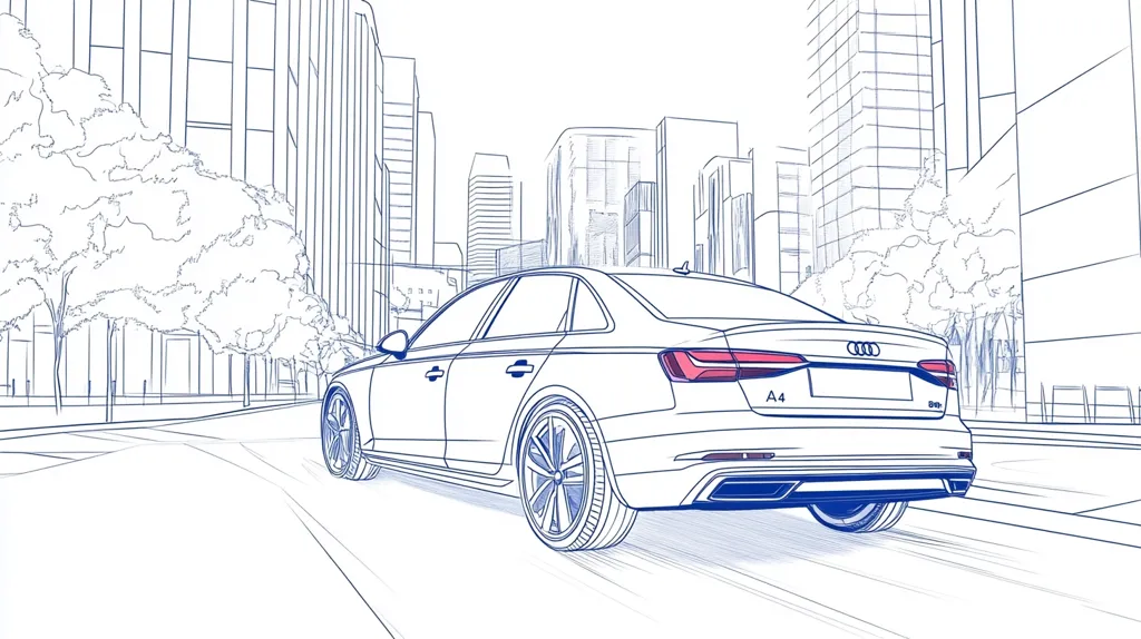 A sketch-like illustration depicts an Audi A4 sedan driving through a city street.  The car is rendered in blue lines, giving a blueprint-like effect.  The background shows simplified architectural drawings of city buildings and trees, creating a clean, modern aesthetic. The overall style suggests a design concept or promotional image for the vehicle.
