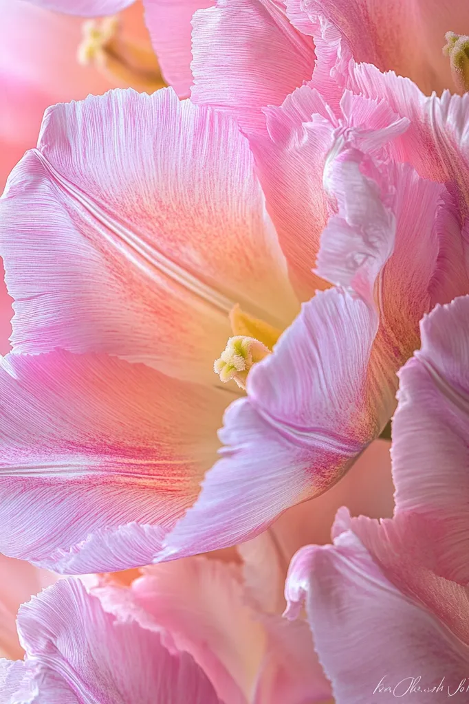 A close-up reveals the delicate beauty of pale pink tulips.  The soft, layered petals exhibit subtle variations in shade, ranging from a light blush to a deeper rose hue at the edges.  The intricate texture and delicate veining of the petals are highlighted, creating a soft and romantic image. The focus is on the central flower, with other blossoms subtly visible in the background.