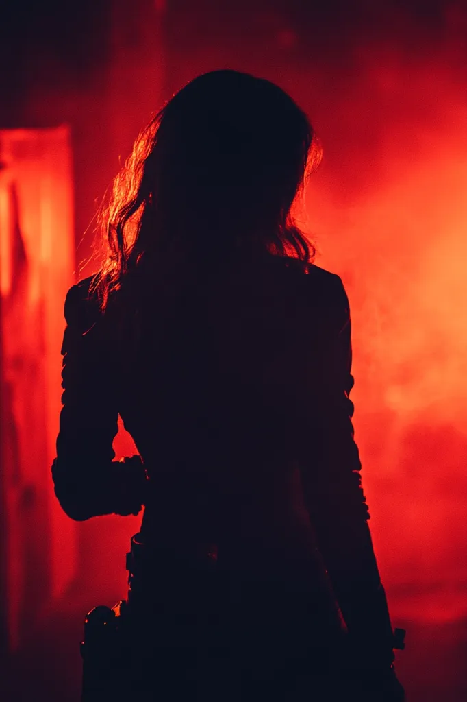 The silhouette of a woman with long hair is dramatically backlit by a vibrant red light.  She stands against a smoky, fiery background, her figure stark and mysterious.  Her attire appears dark and possibly tactical, hinting at a powerful or action-oriented persona. The overall mood is intense and cinematic.