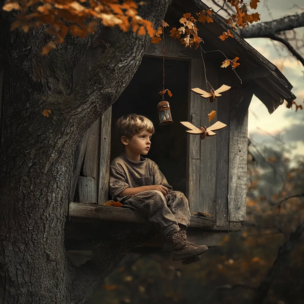 A young boy sits pensively in a rustic treehouse, nestled within the branches of an old tree.  Autumn leaves surround him, adding to the melancholic mood.  Wooden butterflies hang delicately from above, a whimsical contrast to the boy's solemn expression. The scene is dark and atmospheric, creating a sense of quiet contemplation.