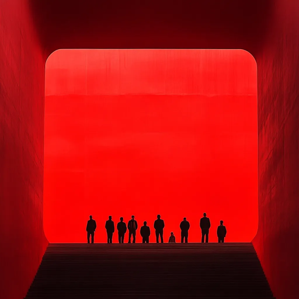 Silhouetted figures stand on a staircase leading to a vibrant red, curved wall. The intense red backdrop dominates the image, creating a striking contrast with the dark silhouettes.  The scene is minimalist, focusing on the stark geometry and bold color, suggesting a feeling of isolation or anticipation.
