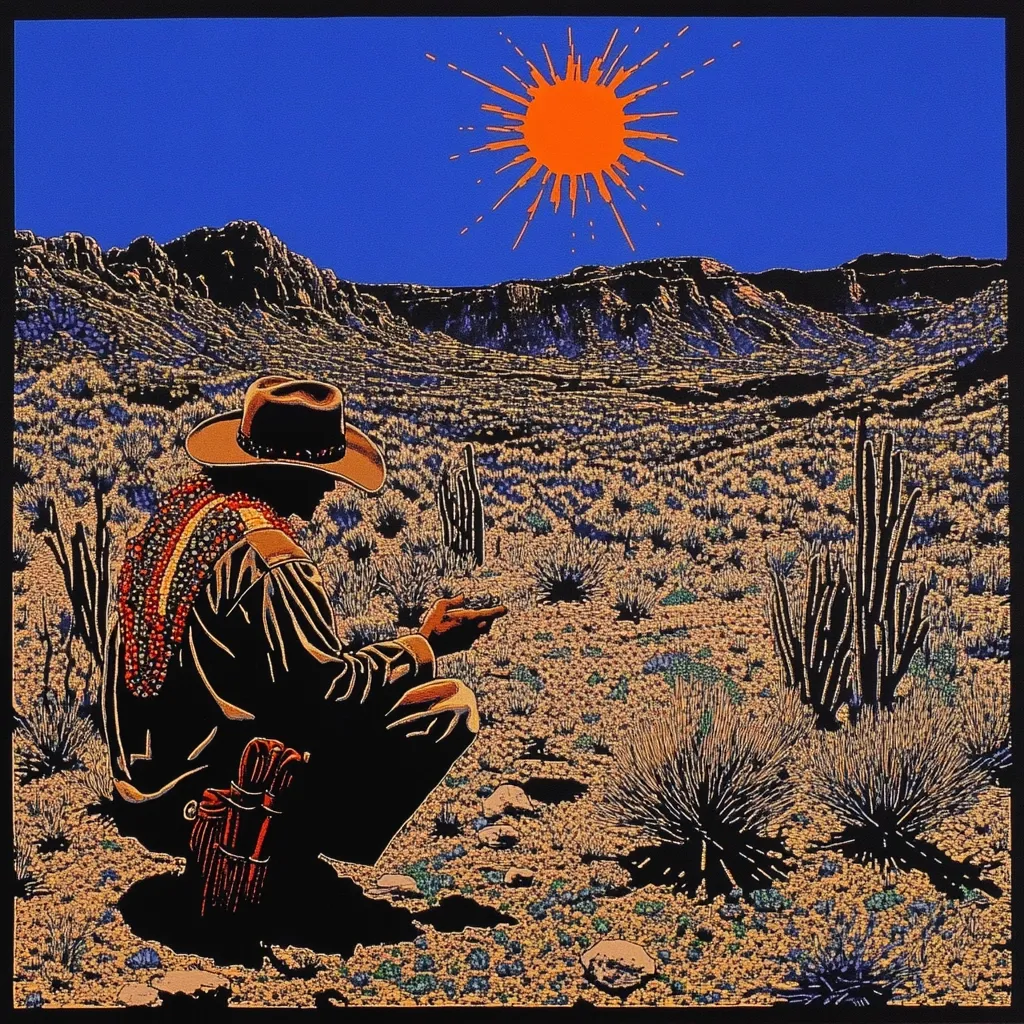 A lone figure, clad in a wide-brimmed hat and adorned with beaded necklaces, kneels in a sun-drenched desert landscape.  The arid terrain is populated with cacti and sparse vegetation.  A stylized, radiant sun dominates the upper portion of the image, casting a warm glow over the scene. The artist employs a bold, graphic style with contrasting colors, emphasizing the stark beauty of the desert environment and the solitary figure within it.