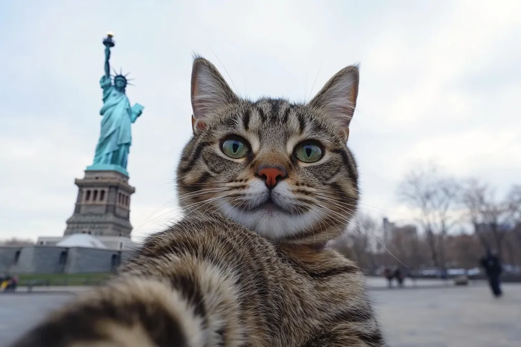 A tabby cat takes a selfie with the Statue of Liberty in the background. The cat is in the foreground, its paw extended towards the camera, while the iconic statue is blurred but clearly visible.  The image is taken outdoors, with a park-like setting visible in the background.  The cat has striking green eyes and a calm expression.