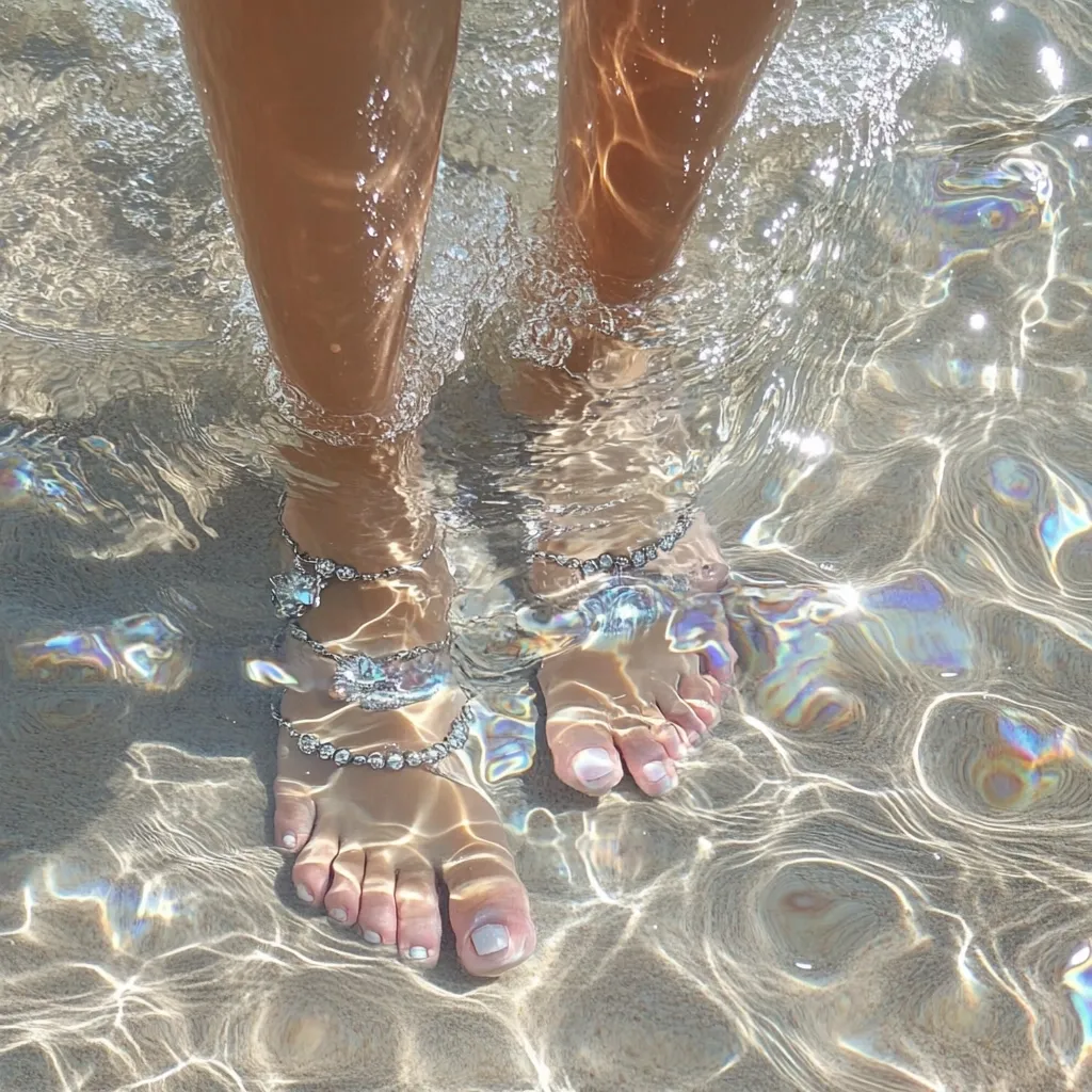 A pair of feet adorned with delicate, jeweled anklets stand in shallow, sunlit water. The clear water reveals the details of the anklets and the toes, creating a serene and ethereal image. The sand beneath is visible through the water, adding to the peaceful beach scene.  The overall aesthetic is light, feminine, and summery.