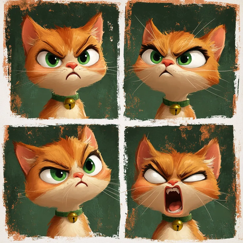 A digital illustration shows four close-up portraits of an orange tabby cat with green eyes wearing a green collar with a bell.  Each panel depicts a different angry facial expression, ranging from a slight frown to a wide-open, screaming mouth. The cat's fur is depicted with a painterly, slightly textured style against a dark green background.