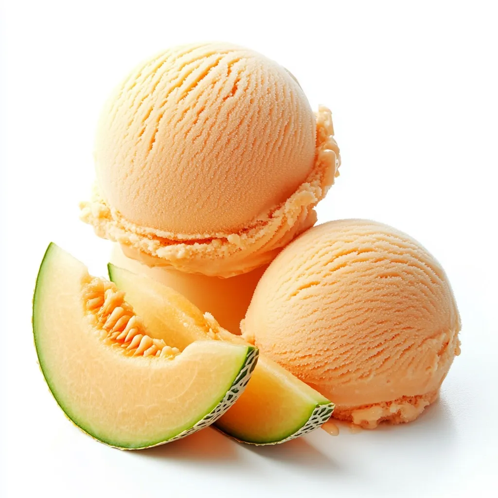 Two scoops of pale orange melon ice cream sit atop a partially visible container, accompanied by two slices of cantaloupe.  The creamy texture of the ice cream is evident, contrasting beautifully with the juicy melon slices.  The scene is bright and clean, set against a stark white background.