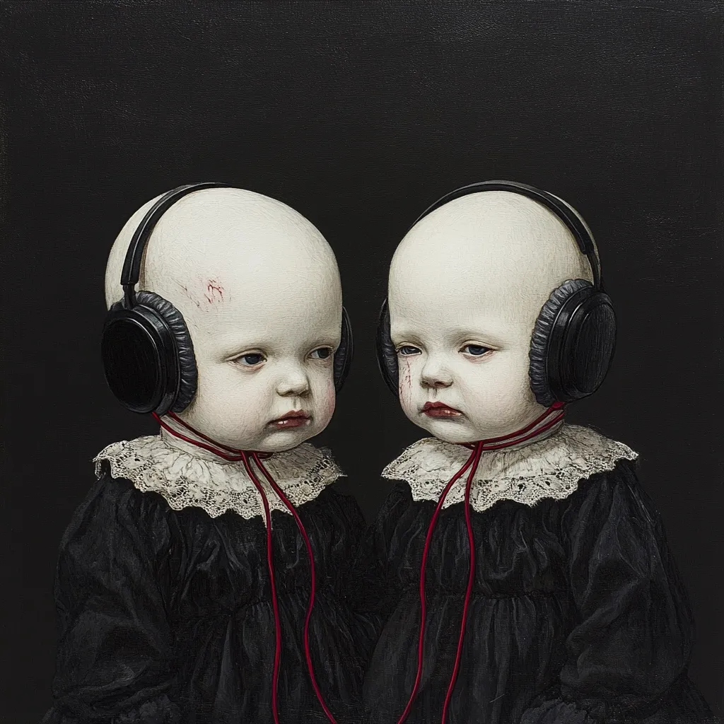 A hyperrealistic painting depicts two pale babies, identically dressed in dark dresses with lace collars, wearing oversized black headphones connected by thin red cords.  Their expressions are somber, and faint markings resembling scratches are visible on their faces. The dark background enhances the unsettling, almost melancholic atmosphere of the piece.