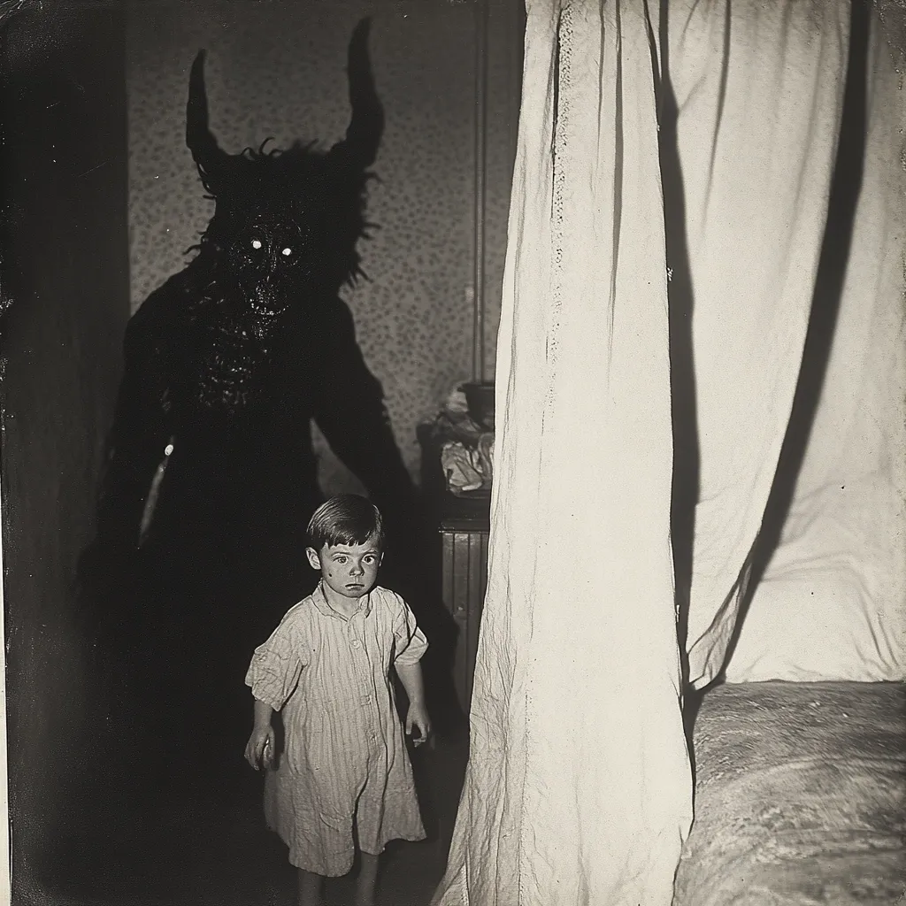 A black and white photograph depicts a young boy standing in a dimly lit room, seemingly frightened.  Behind him, the shadowy figure of a horned devil looms large, creating a sinister and unsettling atmosphere. The boy is partially hidden behind a bedpost, adding to the suspenseful composition. The overall image evokes a sense of fear and mystery, suggesting a supernatural presence.