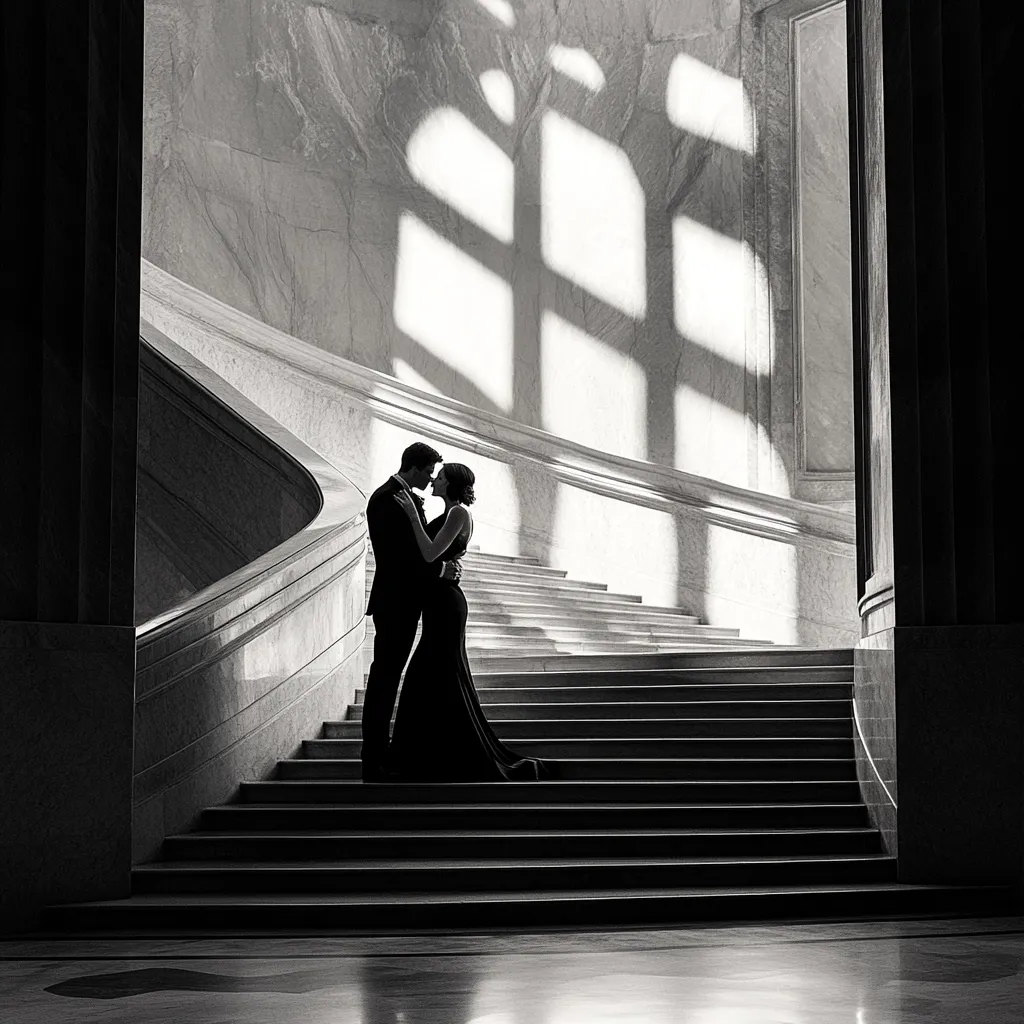 A black and white photograph captures a couple embracing on a grand marble staircase.  The elegant silhouettes of the man in a suit and the woman in a flowing gown are stark against the light streaming through a large window, casting patterned shadows across the staircase. The image evokes a sense of romance and timeless beauty within an architectural masterpiece.