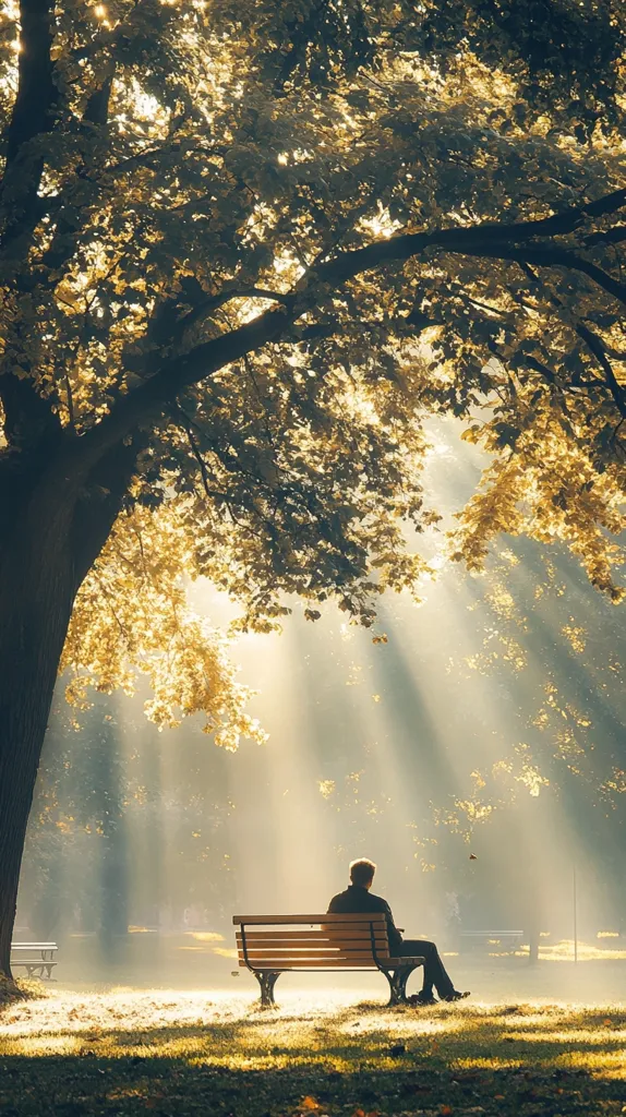 Golden sunlight streams through the leaves of a large tree, illuminating a man sitting alone on a park bench.  He sits with his back to the viewer, lost in thought.  The scene is peaceful and serene, the atmosphere contemplative.  Fallen leaves carpet the ground, adding to the autumnal ambiance.  Another bench is visible in the background, further emphasizing the park setting.