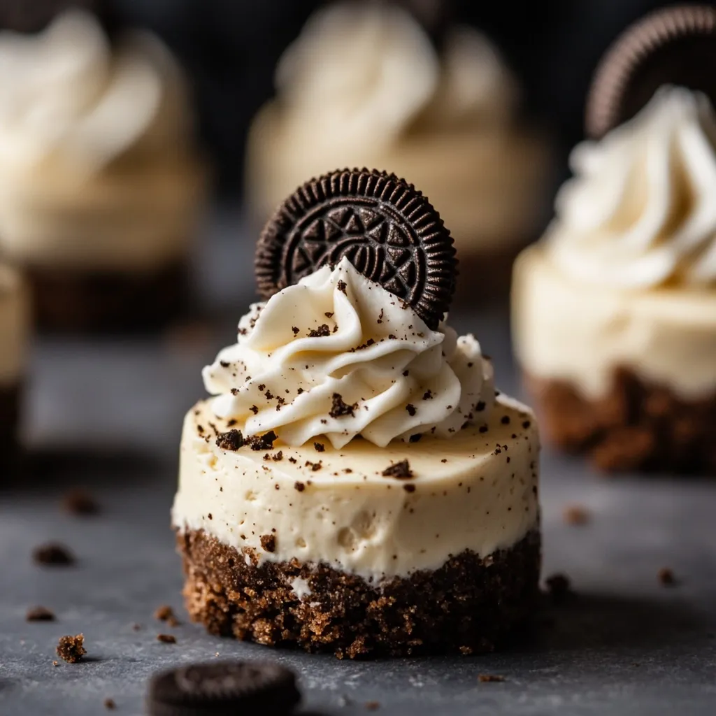 A mini cheesecake sits in the foreground, adorned with a dollop of whipped cream and a single Oreo cookie.  Blurred in the background are several more similar cheesecakes, suggesting a batch of these delicious treats. The cheesecakes have a creamy filling and a chocolate cookie crust, creating a visually appealing and tempting dessert.  Crumbs are scattered on the surface, adding to the rustic charm.