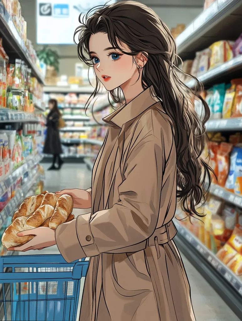 An anime-style girl with long brown hair and blue eyes is shopping in a grocery store.  She's wearing a tan trench coat and holds a basket filled with bread rolls. The store aisles are stocked with various food items, creating a bustling supermarket atmosphere. The girl's expression is serene and slightly pensive as she navigates the shopping experience.