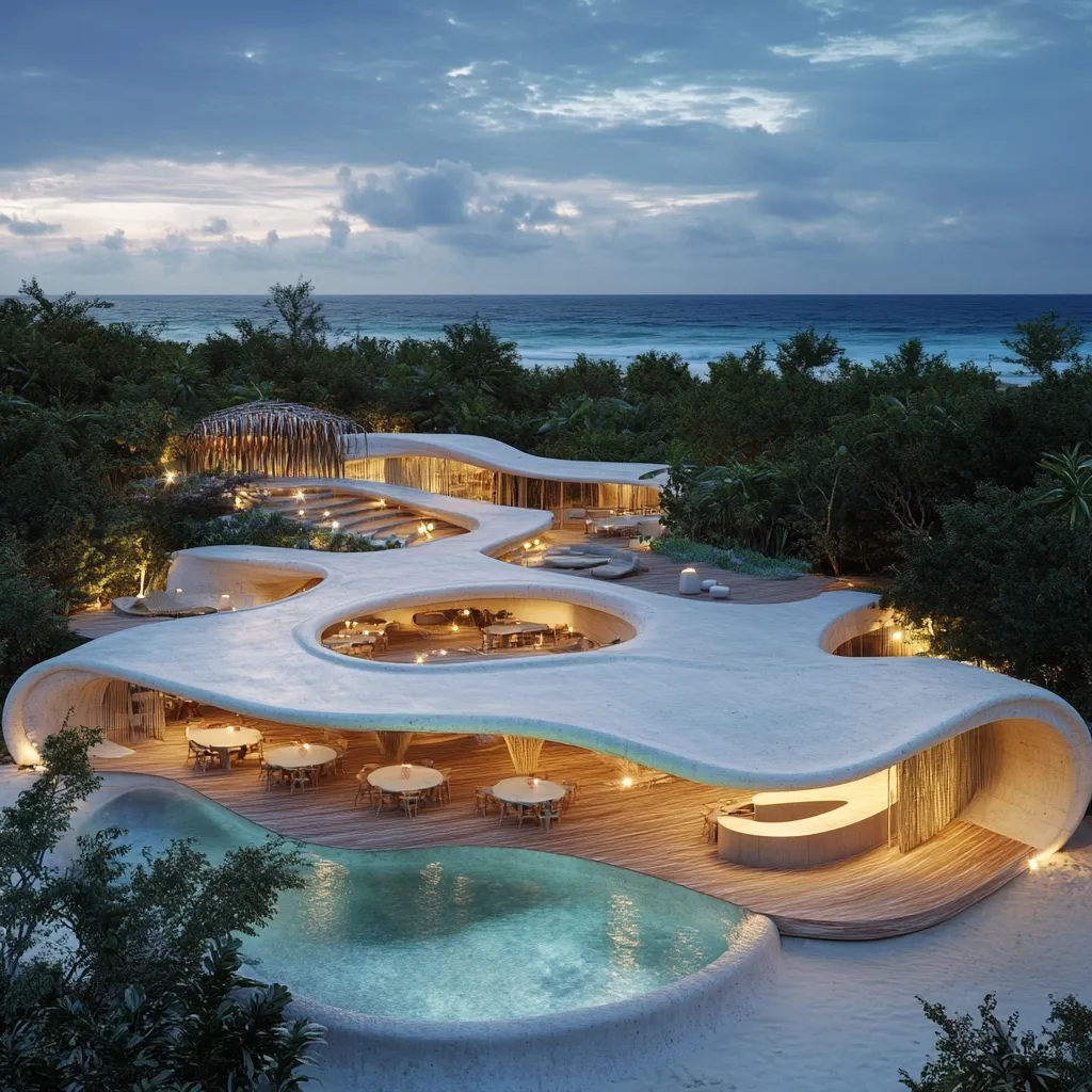 A stunning beachfront resort boasts a unique, organic architectural design.  White, flowing curves create intimate dining areas and a central pool, all nestled within lush tropical foliage.  Warm lighting enhances the structure's elegance as it gracefully extends towards a tranquil ocean view at dusk.  The design seamlessly blends indoor and outdoor spaces, offering a luxurious and serene escape.