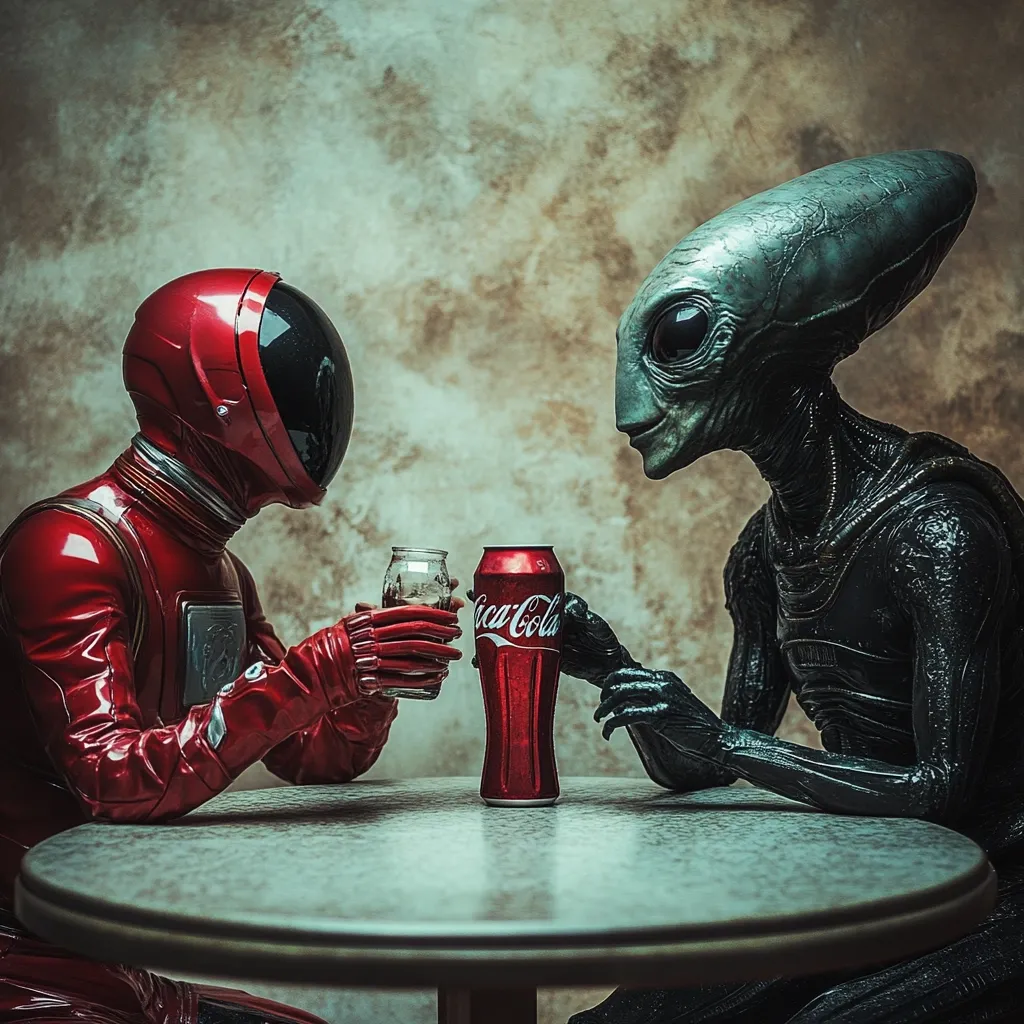 An astronaut in a red spacesuit and a grey alien sit at a round table, sharing a Coca-Cola.  The scene is set against a textured, earthy backdrop.  The astronaut holds a glass, while the alien gently touches the Coca-Cola can.  The image evokes a sense of interspecies camaraderie and shared experience, with a touch of surrealism.
