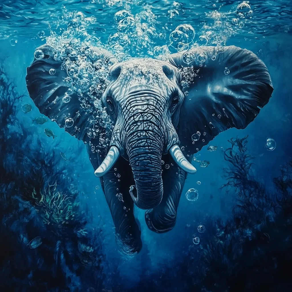 A majestic elephant gracefully swims underwater, surrounded by air bubbles and vibrant aquatic life.  The painting's deep blue hues create a serene yet dramatic atmosphere.  The elephant's powerful form contrasts with the delicate seaweed and small fish, suggesting a powerful yet peaceful coexistence. The detailed rendering showcases the artist's skill in capturing both the animal's strength and the tranquility of the underwater environment.