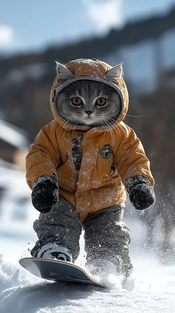 A gray cat, bundled in a yellow snowsuit and mittens, confidently snowboards down a snowy slope.  The cat's face peeks out from the hood, its expression serious and focused.  Snow flies up around its snowboard, creating a dynamic winter scene. The background is blurred, emphasizing the cat as the main focus.