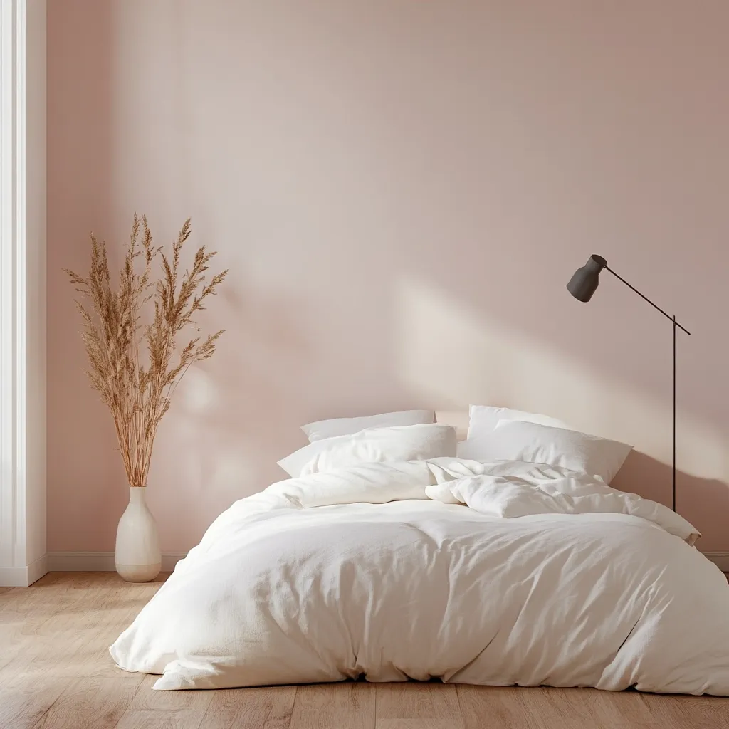A minimalist bedroom features a neatly made white duvet on a bed against a pale pink wall.  Dried pampas grass in a vase adds a touch of natural texture. A simple, dark floor lamp stands in the corner, casting a soft shadow.  The overall mood is serene and calming. The scene is brightly lit, enhancing the clean lines and peaceful atmosphere.