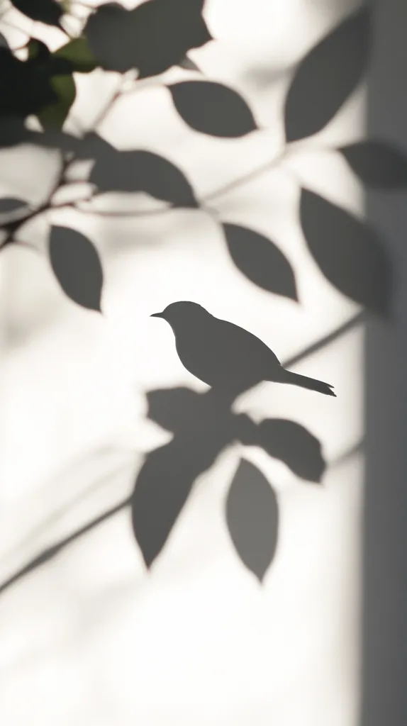 The image shows the silhouette of a small bird perched on a branch, cast against a white wall.  Overlapping shadows of leaves from a plant create a natural, minimalist frame around the bird. The contrast between the dark silhouettes and the bright background produces a serene, almost abstract composition.  The overall effect is peaceful and contemplative.