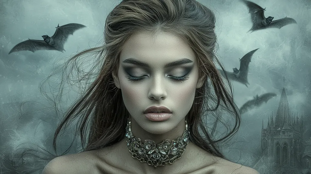 A young woman with dark eyes and long brown hair is the focal point of this moody image. Her eyes are closed, and she wears an ornate silver choker necklace.  Several bats fly in the background, creating a gothic atmosphere. A dark, gothic-style cathedral is also visible in the distance, adding to the mysterious and ethereal tone. The overall color palette is muted and dark, enhancing the dramatic mood.