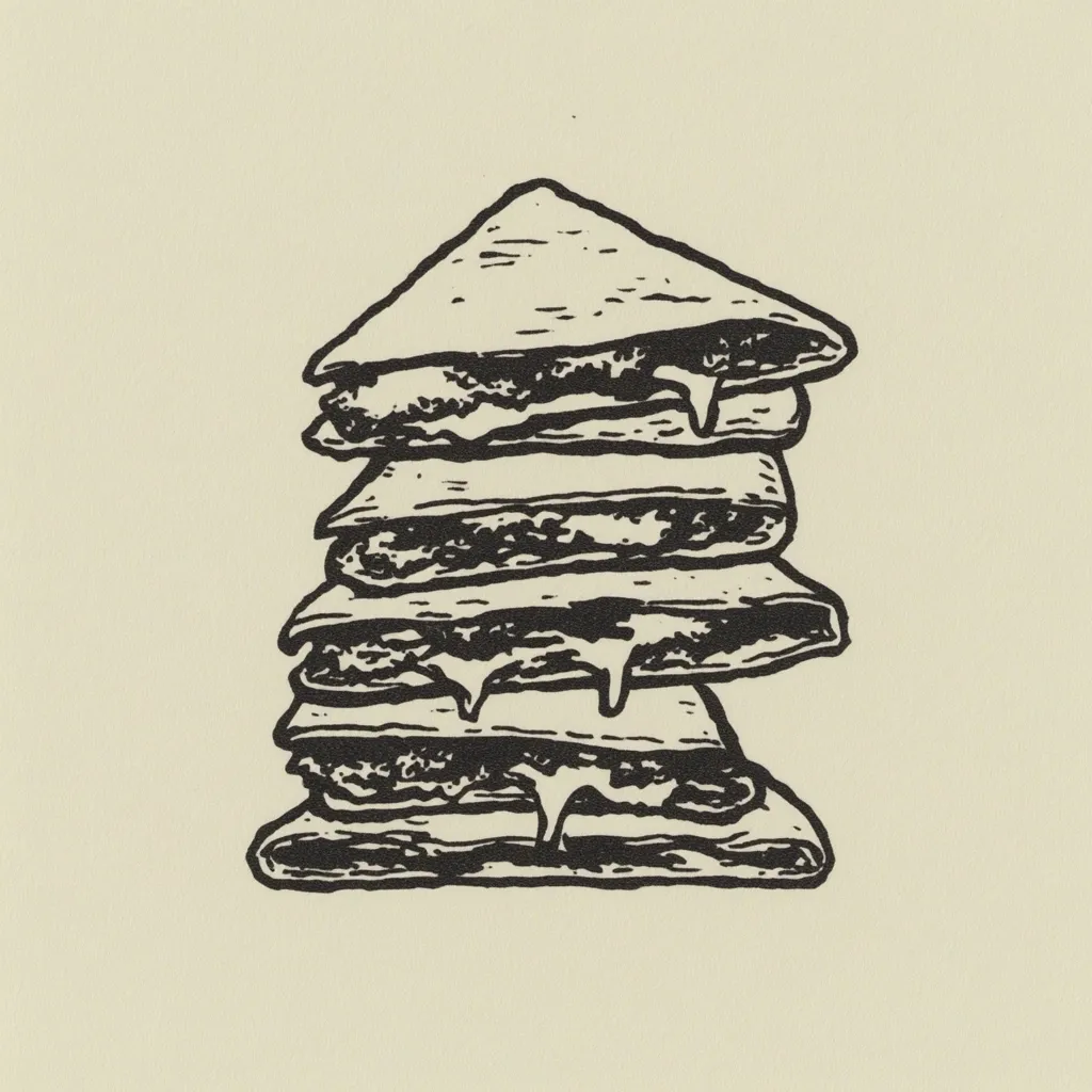 A whimsical black and white illustration depicts a stack of five quesadillas.  The quesadillas are drawn in a slightly exaggerated, hand-drawn style, with melted cheese dripping down the sides. The image is set against a creamy beige background, creating a simple yet effective visual.  The style evokes a casual, perhaps menu-related, graphic.