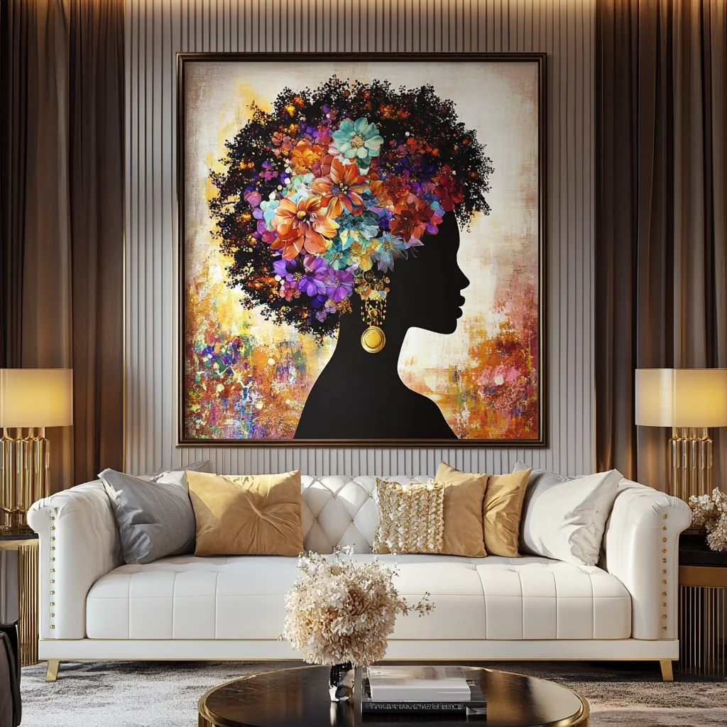 A large, framed artwork dominates the scene, depicting a stylized silhouette of a Black woman's profile. Her voluminous afro is adorned with a vibrant explosion of multicolored flowers. The background features an abstract blend of warm and cool tones.  The painting hangs above a luxurious white tufted sofa, accessorized with plush cushions and gold accents, creating a sophisticated and elegant living room setting.