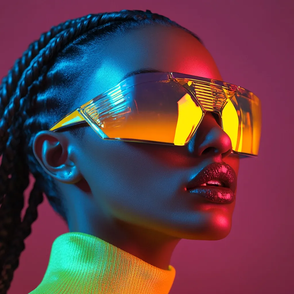 A close-up shot of a Black woman with long braids, wearing large, futuristic gold-framed sunglasses.  The vibrant lighting casts a neon glow, highlighting her sharp features and bold makeup.  She's dressed in a lime green turtleneck, creating a striking contrast against the deep purple background. The overall aesthetic is modern, stylish, and slightly futuristic.