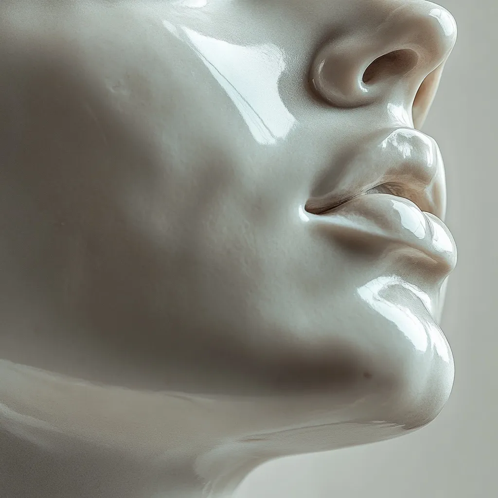 A close-up of a smooth, pale sculpture depicting the lower half of a woman's face.  The meticulously rendered details showcase the subtle curves of her lips, nose, and jawline. The surface has a glossy finish, giving the impression of polished marble or porcelain. The image is softly lit, emphasizing the sculptural form and highlighting the texture.  The overall aesthetic is one of serene beauty and classical elegance.
