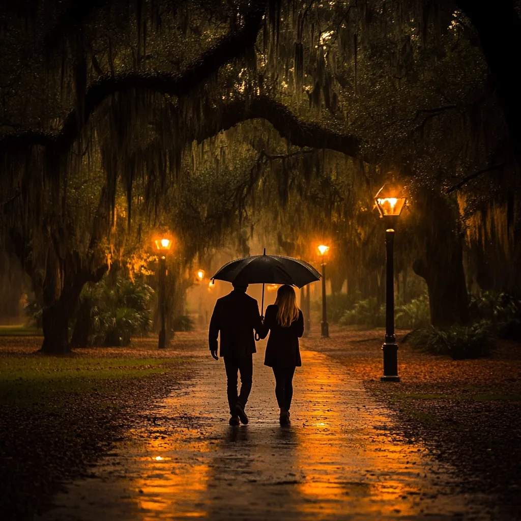 A romantic silhouette of a couple holding hands and sharing an umbrella strolls down a rain-swept path.  Luminous gas lamps illuminate their way under the canopy of moss-draped oak trees.  The scene is evocative of a quiet, intimate moment in a dimly lit park, the warm light contrasting with the cool, wet night.